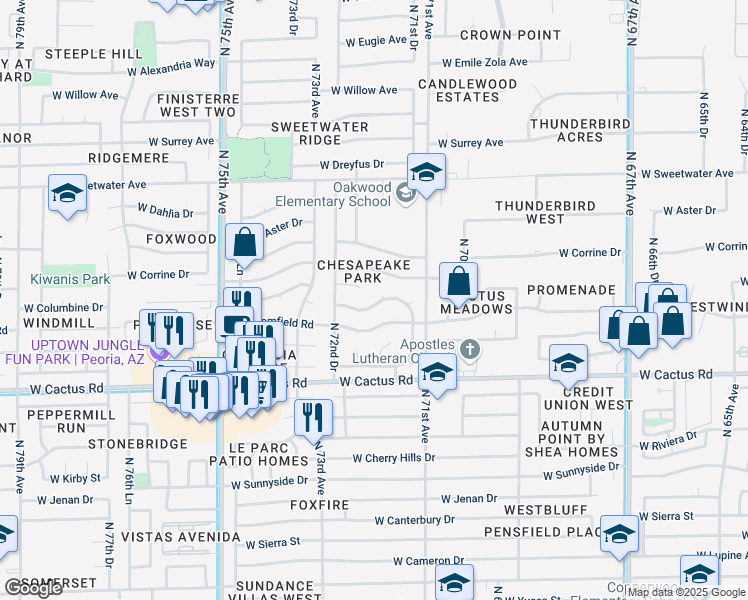 map of restaurants, bars, coffee shops, grocery stores, and more near in Peoria