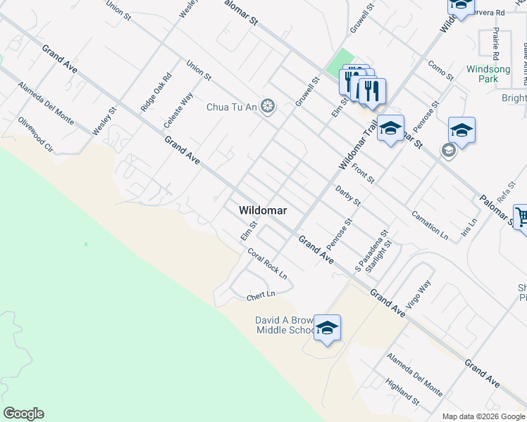 map of restaurants, bars, coffee shops, grocery stores, and more near in Wildomar