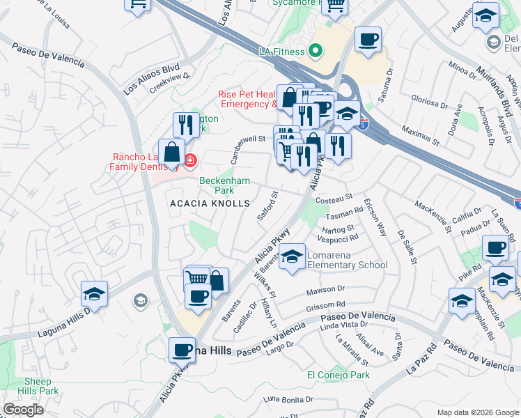 map of restaurants, bars, coffee shops, grocery stores, and more near 25042 Salford Street in Laguna Hills