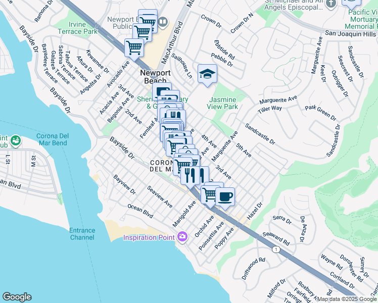 map of restaurants, bars, coffee shops, grocery stores, and more near in Newport Beach