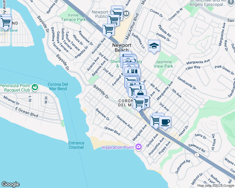 map of restaurants, bars, coffee shops, grocery stores, and more near 406 Goldenrod Avenue in Newport Beach