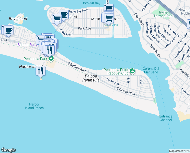 map of restaurants, bars, coffee shops, grocery stores, and more near 1320 East Oceanfront in Newport Beach