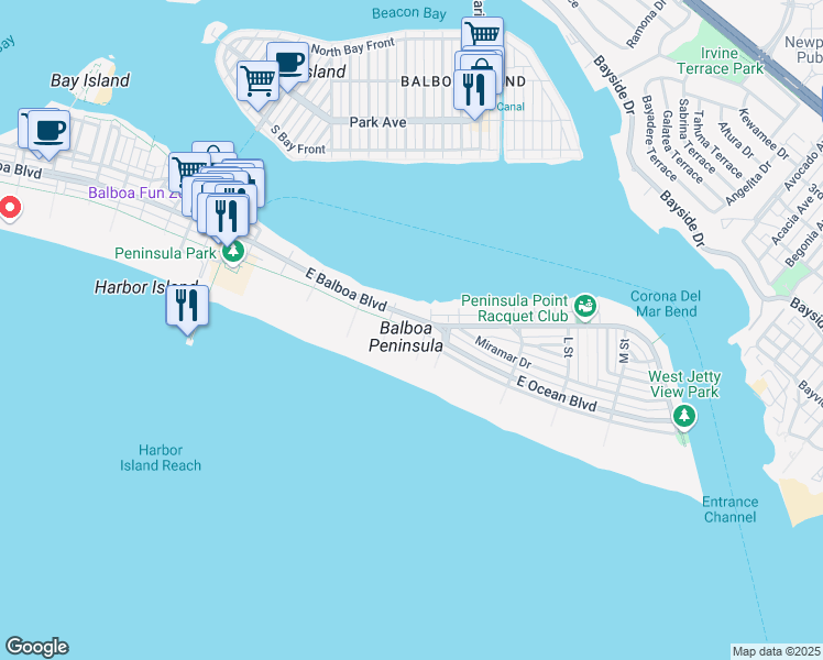 map of restaurants, bars, coffee shops, grocery stores, and more near 1320 East Oceanfront in Newport Beach
