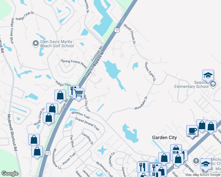 map of restaurants, bars, coffee shops, grocery stores, and more near 106 Indian Wells Court in Murrells Inlet