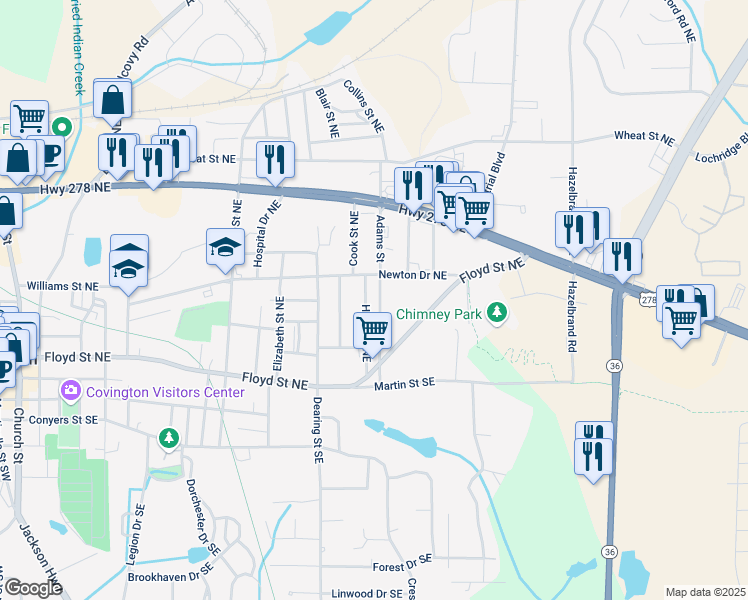 map of restaurants, bars, coffee shops, grocery stores, and more near 5211 Adams Street in Covington