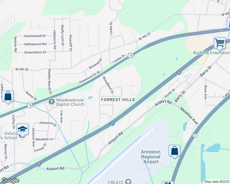 map of restaurants, bars, coffee shops, grocery stores, and more near 1405 Woodland Drive in Oxford