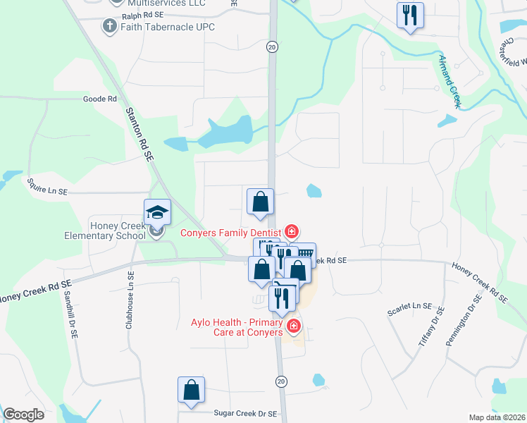 map of restaurants, bars, coffee shops, grocery stores, and more near 3421 Georgia 20 in Conyers