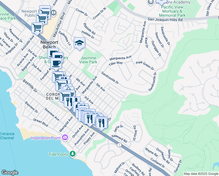 map of restaurants, bars, coffee shops, grocery stores, and more near 3520 5th Avenue in Newport Beach
