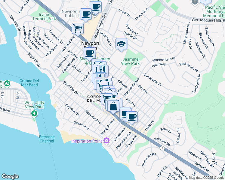 map of restaurants, bars, coffee shops, grocery stores, and more near 516 Larkspur Avenue in Newport Beach