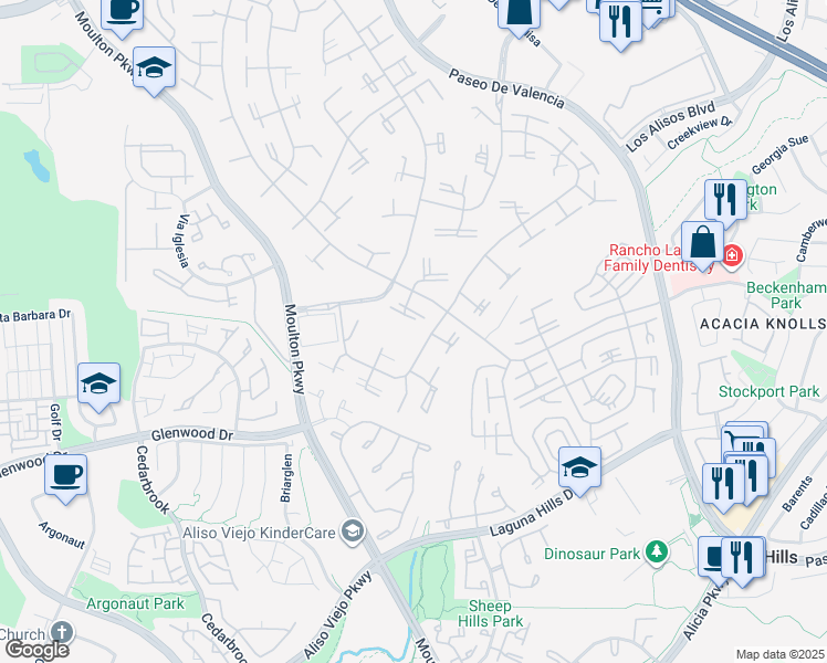 map of restaurants, bars, coffee shops, grocery stores, and more near 694 Avenida Sevilla in Laguna Woods