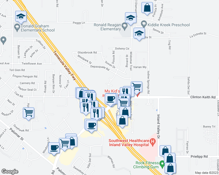 map of restaurants, bars, coffee shops, grocery stores, and more near 35912 Poplar Crest Road in Wildomar