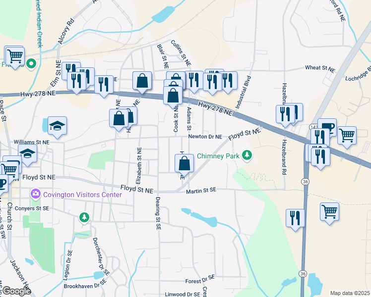 map of restaurants, bars, coffee shops, grocery stores, and more near 5211 Adams Street in Covington