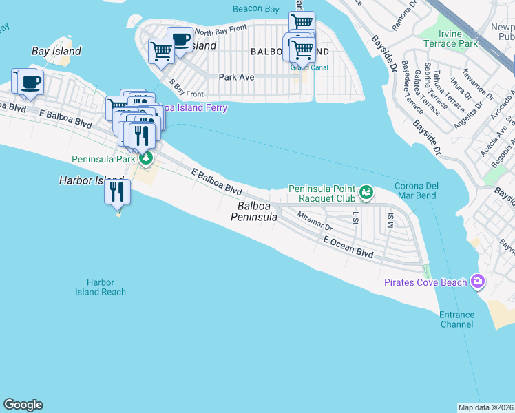 map of restaurants, bars, coffee shops, grocery stores, and more near 1320 East Oceanfront in Newport Beach