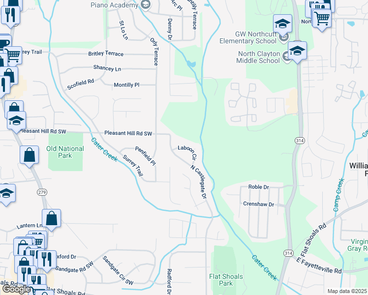 map of restaurants, bars, coffee shops, grocery stores, and more near Laboon Circle in Clayton County