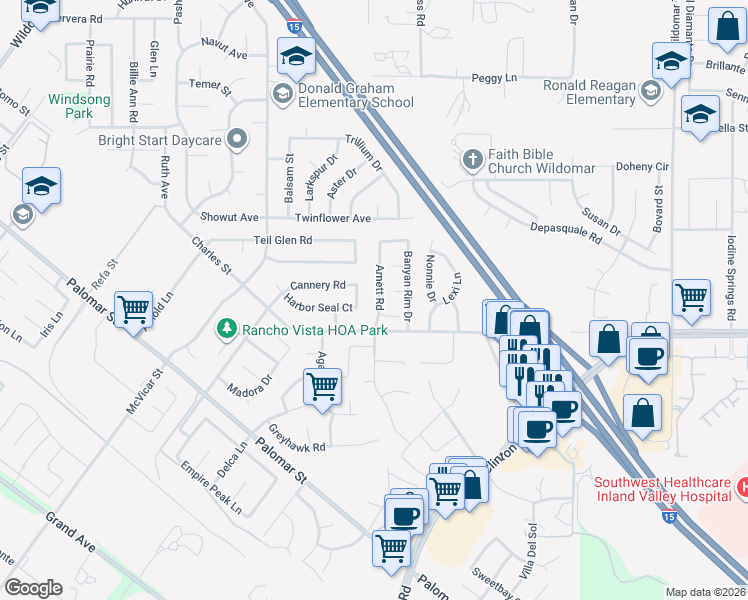 map of restaurants, bars, coffee shops, grocery stores, and more near 35925 Arnett Road in Wildomar