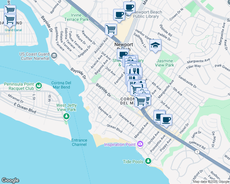 map of restaurants, bars, coffee shops, grocery stores, and more near 409 Goldenrod Avenue in Newport Beach