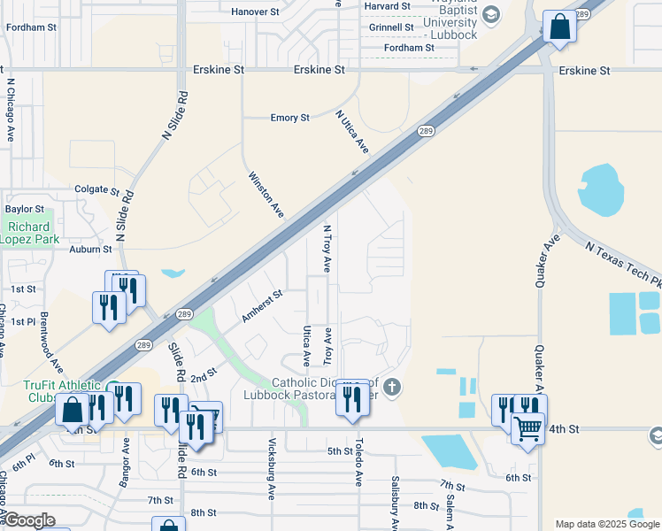 map of restaurants, bars, coffee shops, grocery stores, and more near Amherst Street in Lubbock