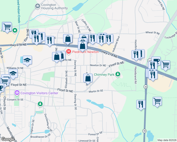 map of restaurants, bars, coffee shops, grocery stores, and more near 5193 Adams Street in Covington