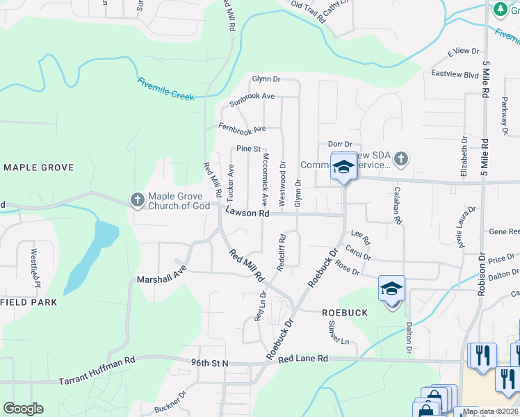 map of restaurants, bars, coffee shops, grocery stores, and more near 221 Lawson Road in Birmingham
