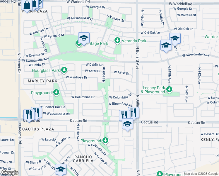 map of restaurants, bars, coffee shops, grocery stores, and more near 14869 West Larkspur Drive in Surprise