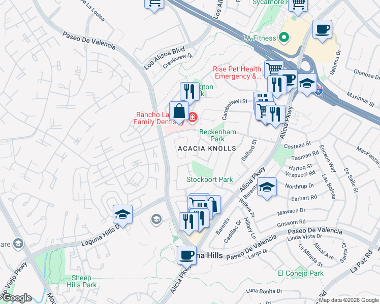 map of restaurants, bars, coffee shops, grocery stores, and more near 25022 Sunset Place East in Laguna Hills