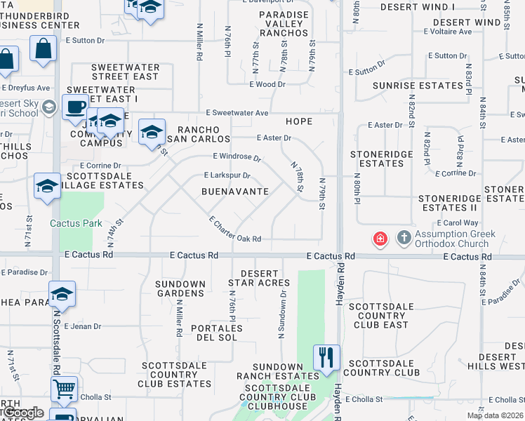 map of restaurants, bars, coffee shops, grocery stores, and more near 12485 East 76th Place in Scottsdale