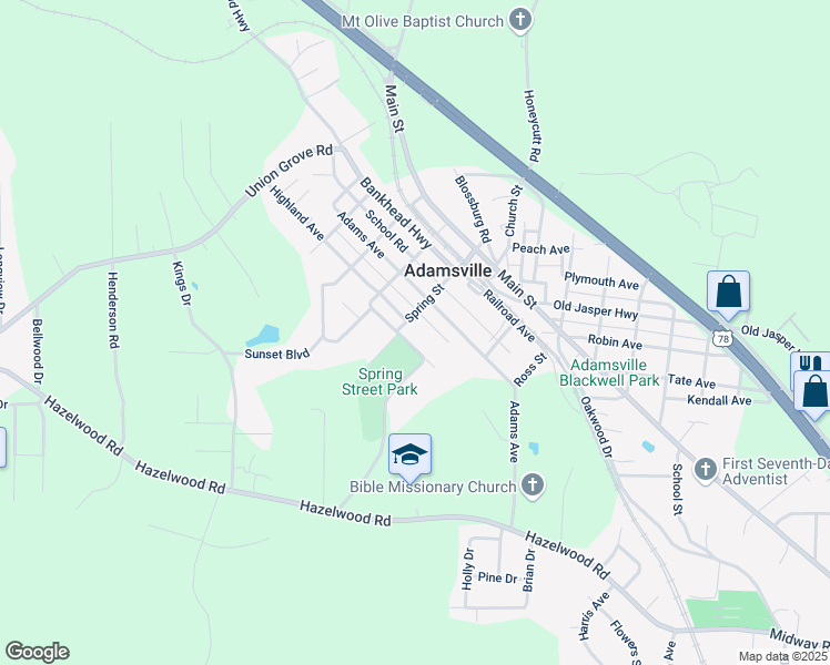 map of restaurants, bars, coffee shops, grocery stores, and more near 421 Spring Street in Adamsville