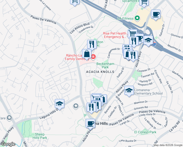 map of restaurants, bars, coffee shops, grocery stores, and more near 25022 Sunset Place East in Laguna Hills