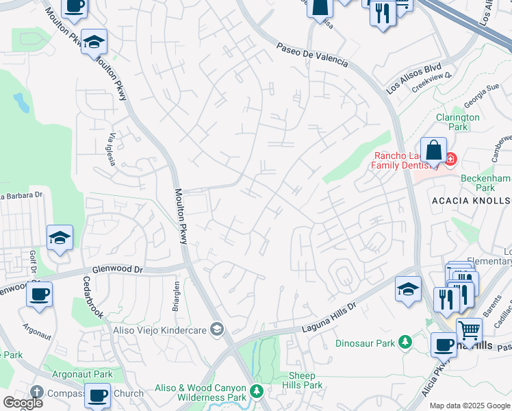 map of restaurants, bars, coffee shops, grocery stores, and more near 694 Avenida Sevilla in Laguna Woods