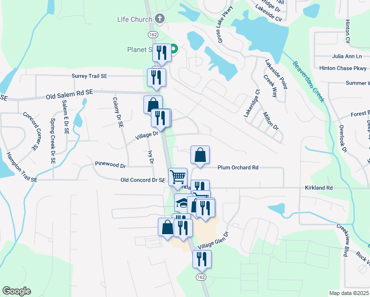map of restaurants, bars, coffee shops, grocery stores, and more near 3400 Salem Road in Covington