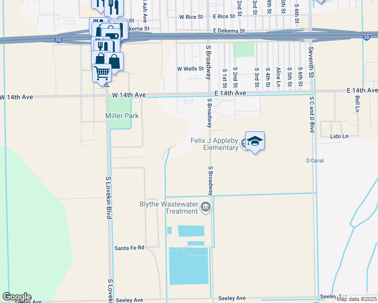 map of restaurants, bars, coffee shops, grocery stores, and more near 14561 Broadway in Blythe