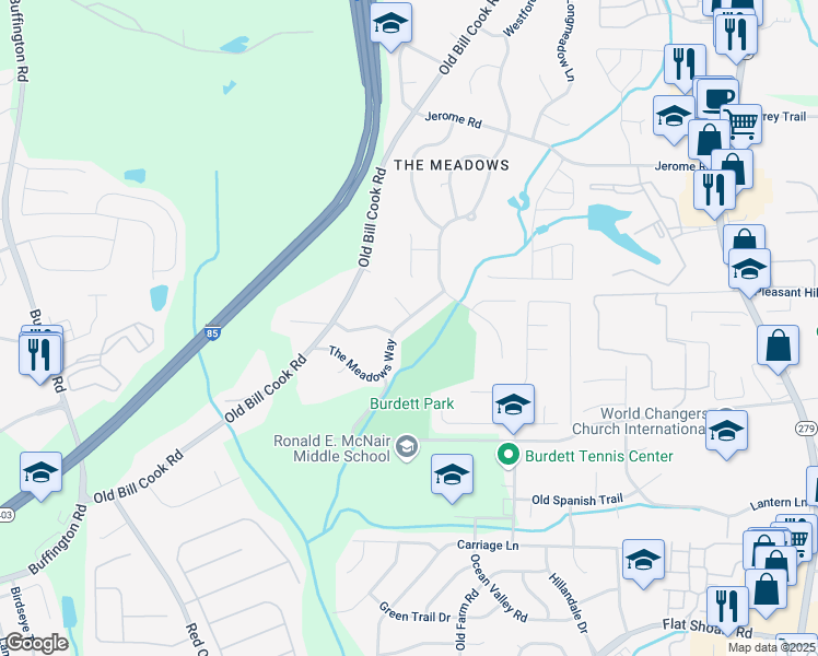 map of restaurants, bars, coffee shops, grocery stores, and more near 2828 The Meadows Way in Atlanta