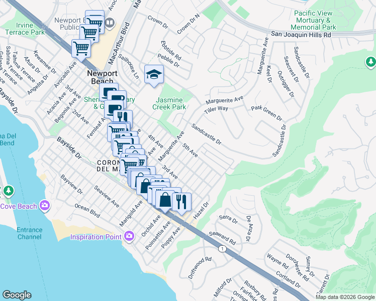 map of restaurants, bars, coffee shops, grocery stores, and more near 3401 5th Avenue in Newport Beach