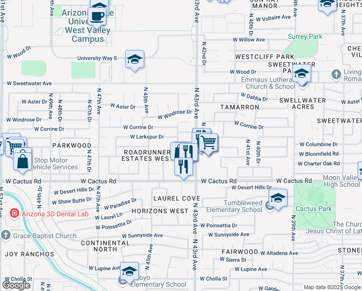 map of restaurants, bars, coffee shops, grocery stores, and more near 4309 West Bloomfield Road in Glendale