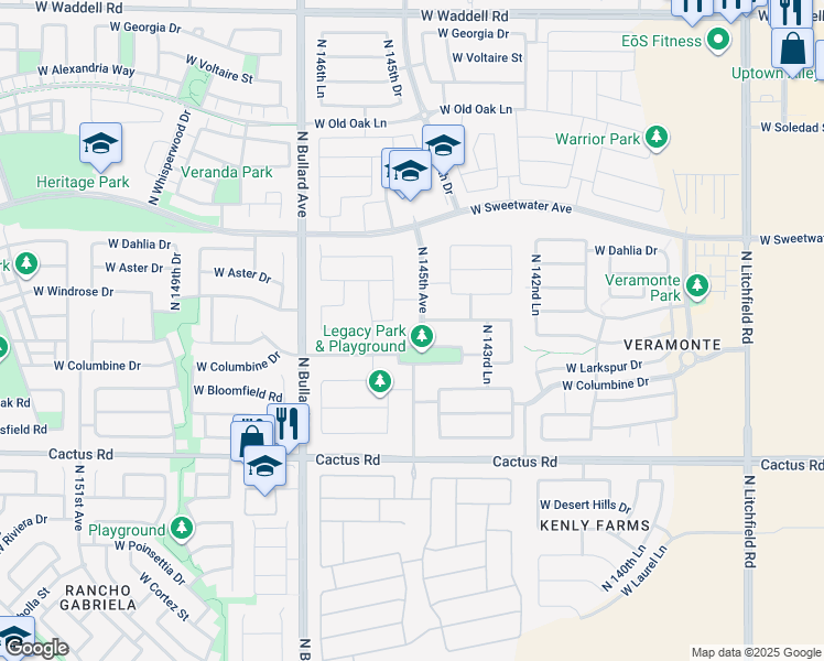 map of restaurants, bars, coffee shops, grocery stores, and more near 14518 West Larkspur Drive in Surprise