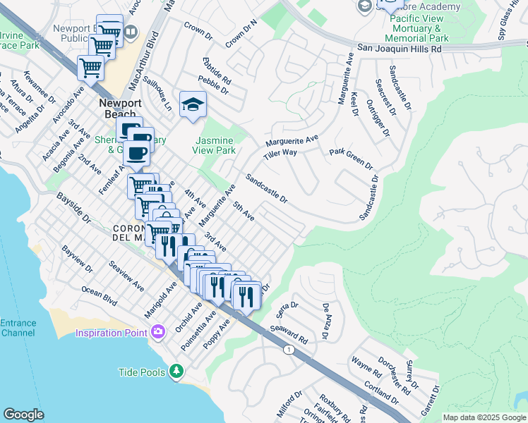 map of restaurants, bars, coffee shops, grocery stores, and more near 3620 Daffodil Avenue in Newport Beach