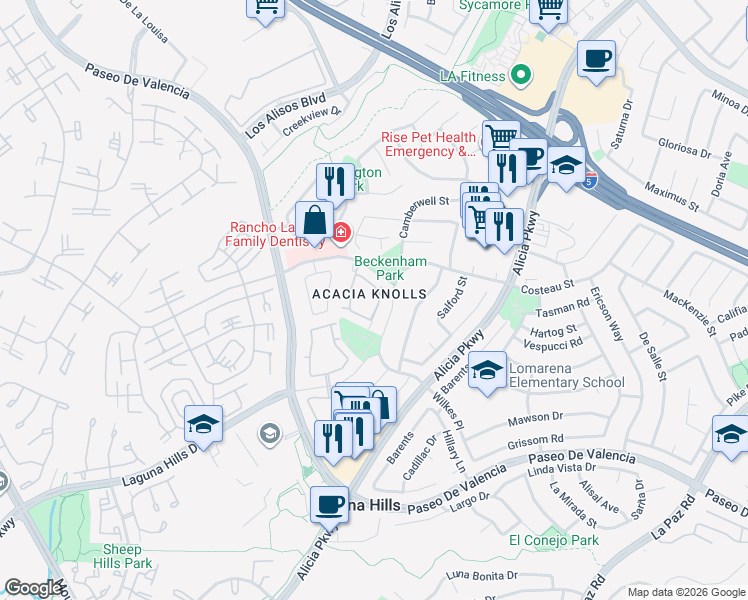 map of restaurants, bars, coffee shops, grocery stores, and more near 25022 Silverleaf Lane in Laguna Hills