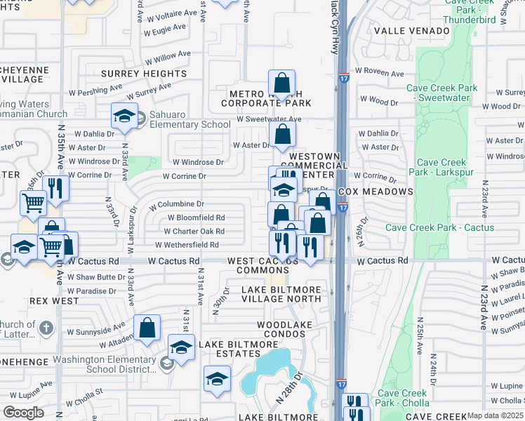 map of restaurants, bars, coffee shops, grocery stores, and more near 2917 West Bloomfield Road in Phoenix