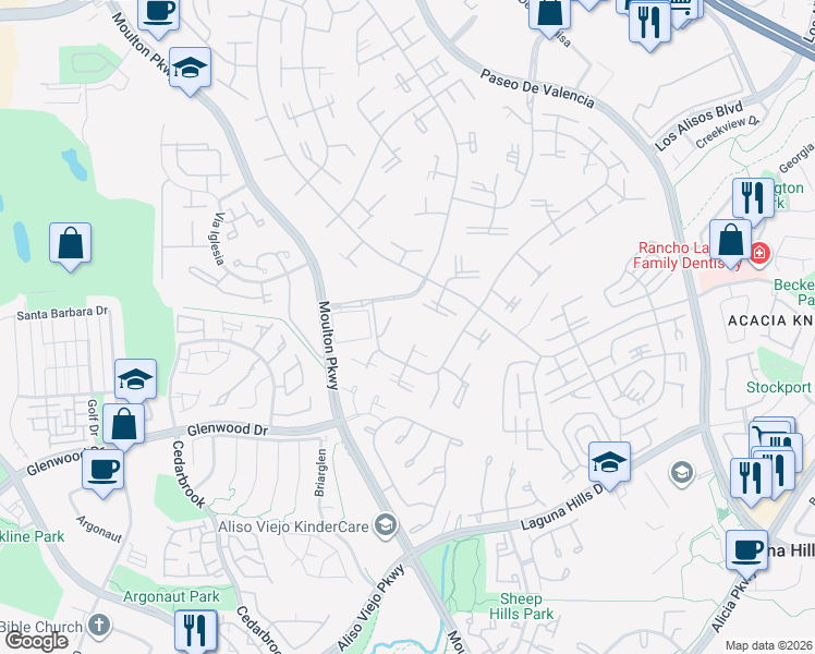 map of restaurants, bars, coffee shops, grocery stores, and more near 717 Avenida Majorca in Laguna Woods