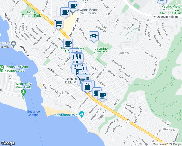 map of restaurants, bars, coffee shops, grocery stores, and more near Larkspur Avenue in Newport Beach