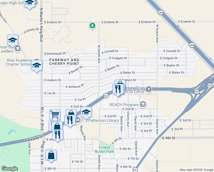 map of restaurants, bars, coffee shops, grocery stores, and more near 2617 Parkway Drive in Lubbock