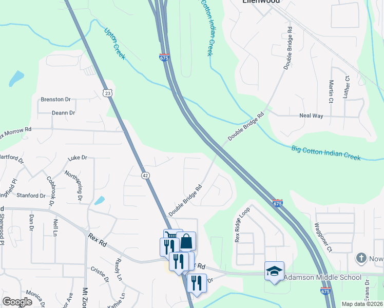 map of restaurants, bars, coffee shops, grocery stores, and more near 5670 Star Flower Drive in Ellenwood