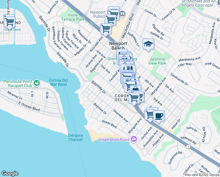 map of restaurants, bars, coffee shops, grocery stores, and more near 411 Goldenrod Avenue in Newport Beach