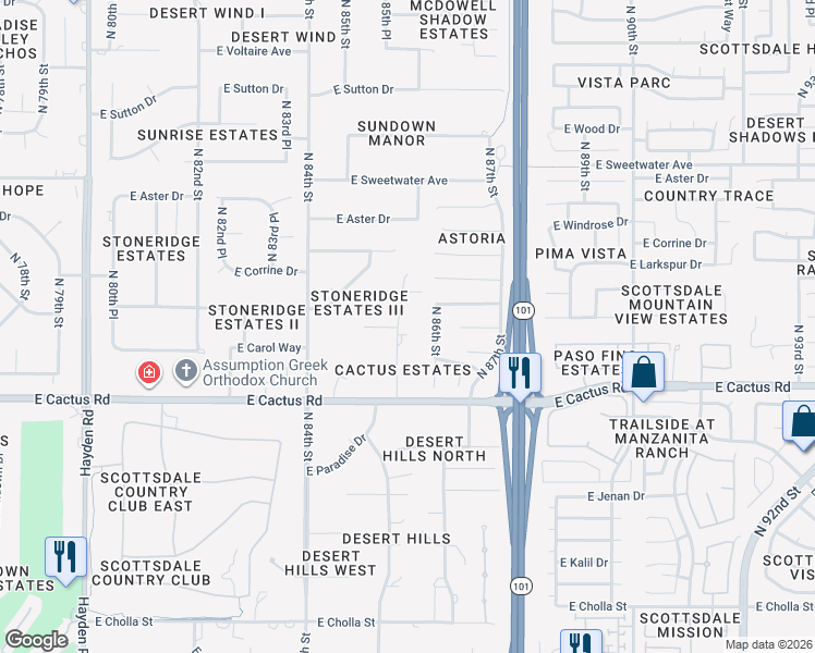 map of restaurants, bars, coffee shops, grocery stores, and more near 12475 North 85th Street in Scottsdale