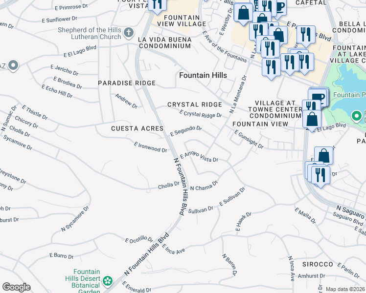 map of restaurants, bars, coffee shops, grocery stores, and more near 12418 East Desert Sage Drive in Fountain Hills