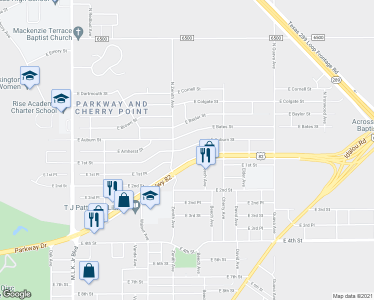 map of restaurants, bars, coffee shops, grocery stores, and more near 2617 Parkway Drive in Lubbock
