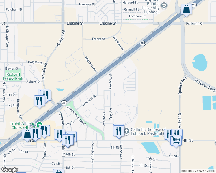 map of restaurants, bars, coffee shops, grocery stores, and more near 128 North Utica Avenue in Lubbock