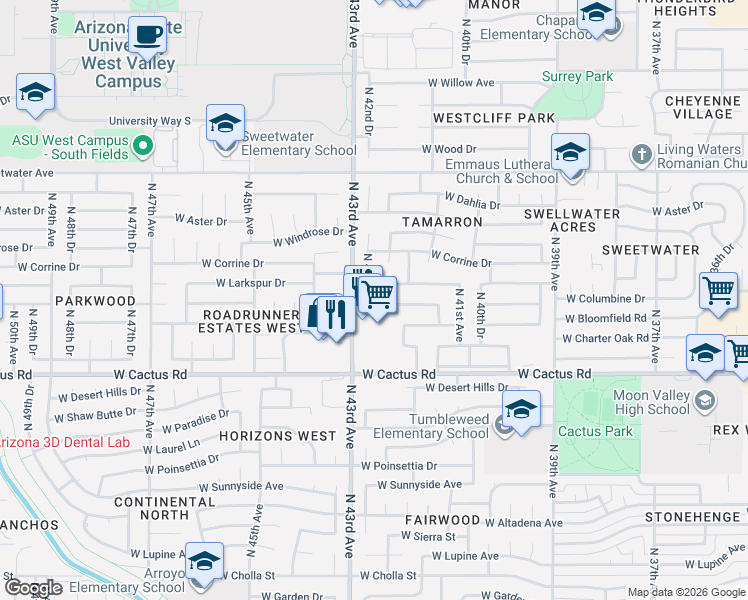 map of restaurants, bars, coffee shops, grocery stores, and more near 4212 West Cactus Road in Phoenix