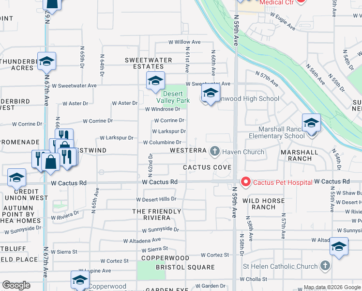 map of restaurants, bars, coffee shops, grocery stores, and more near 6114 West Bloomfield Road in Glendale