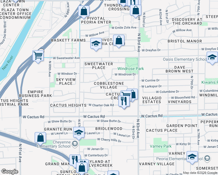 map of restaurants, bars, coffee shops, grocery stores, and more near 12502 North 85th Avenue in Peoria